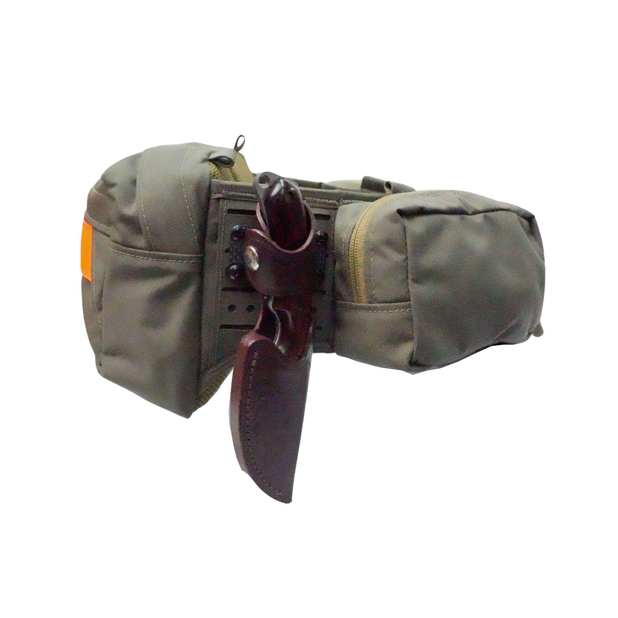 A ranger green hunting belt with multiple pockets and a Molle attachment system for carrying gear, seen here featuring a knife sheath and a Velcro reflector panel.