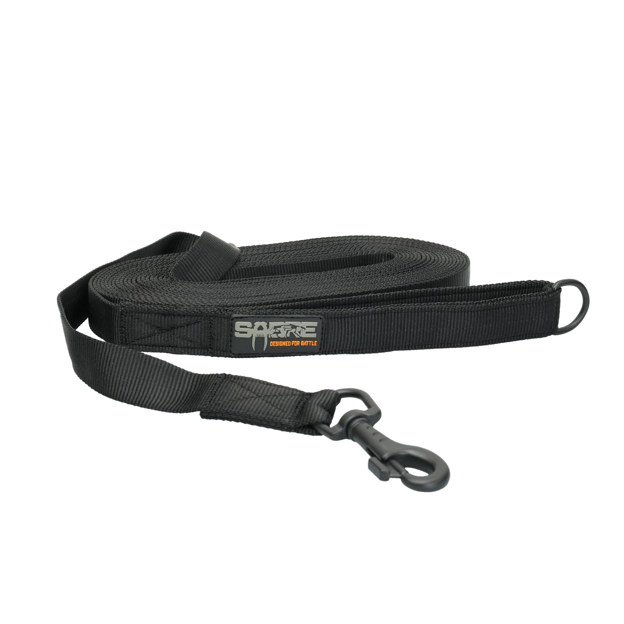 A black nylon extra long K9 leash featuring a G-Hook coated in black Cerakote® and  built-in swivel to prevent twists. Available in 5m, 7m or 10m lengths.