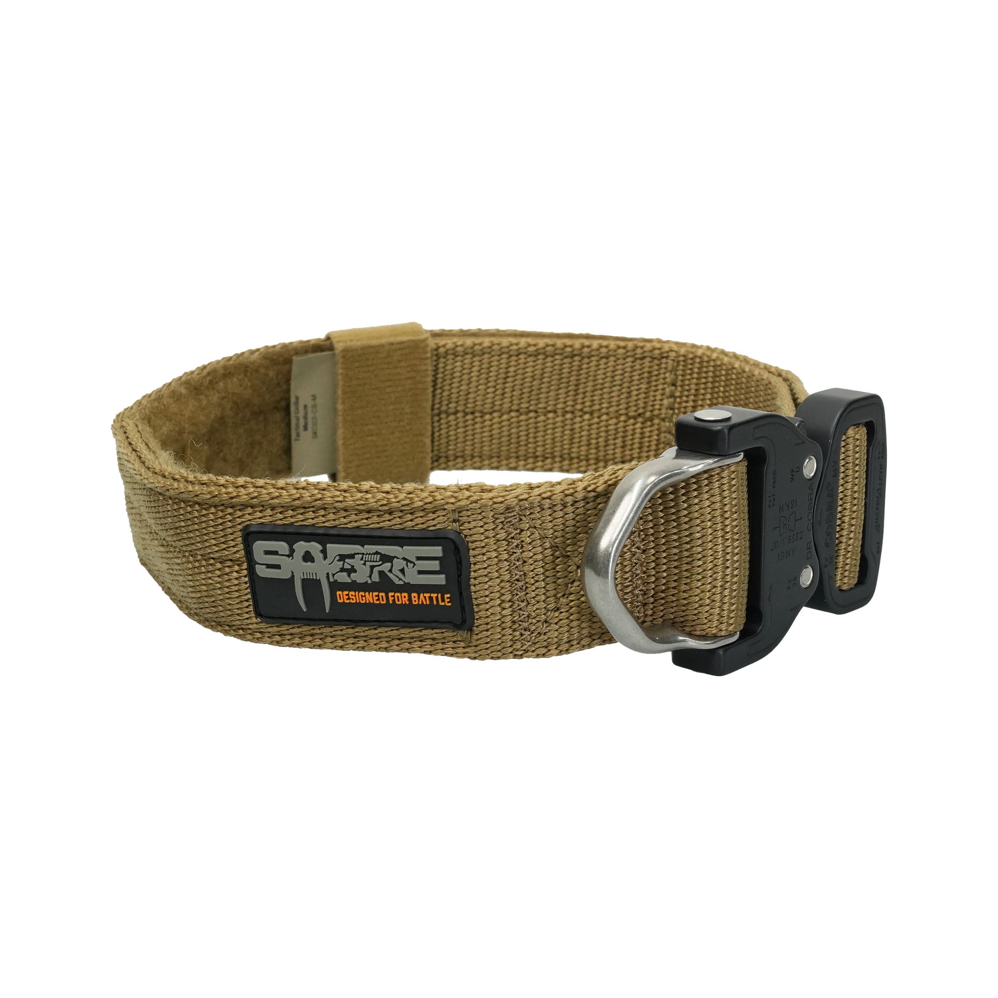 A coyote brown colour tactical collar with a Patented AustriAlpin COBRA quick release buckle and nylon webbing, designed for large to X large breeds.