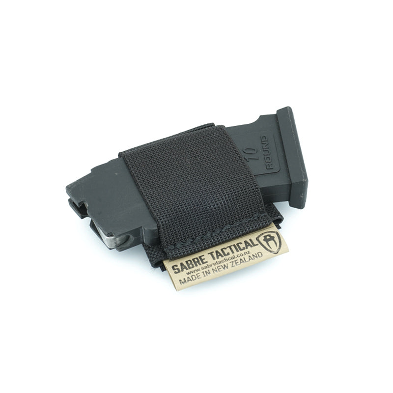 A black .22LR Mag Holder with Velcro attachment and elastic band, branded with 'SABRE TACTICAL' and 'MADE IN NEW ZEALAND'.