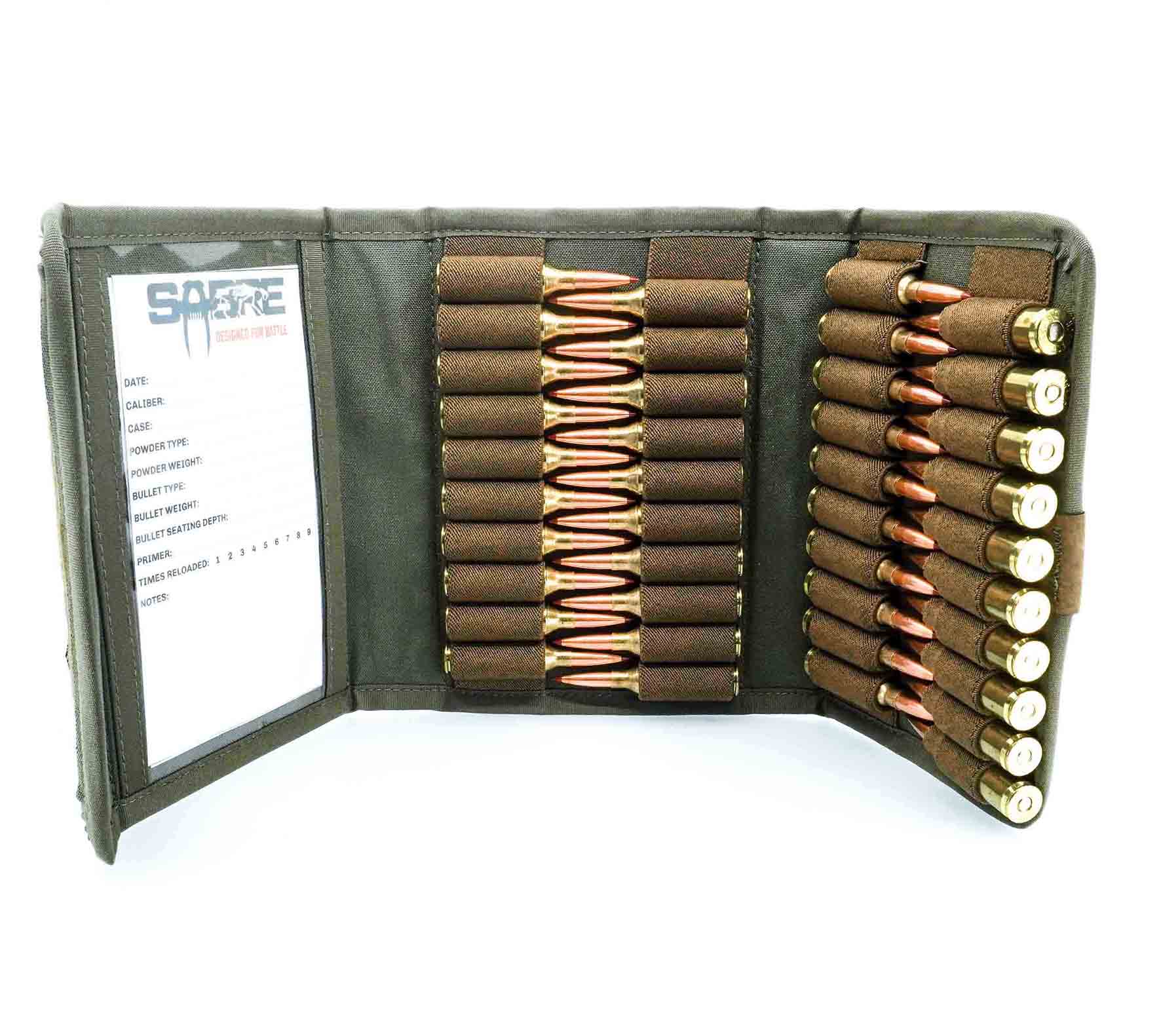 Sabre Tactical Ammo Wallet – Ranger Green 500D Cordura case with elastic cartridge loops and magnetic closure.