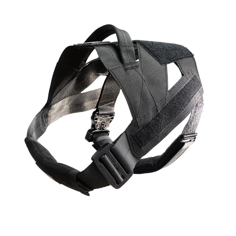 A black detector dog harness with adjustable straps, quick-release buckle, and option for Velcro side reflectors.