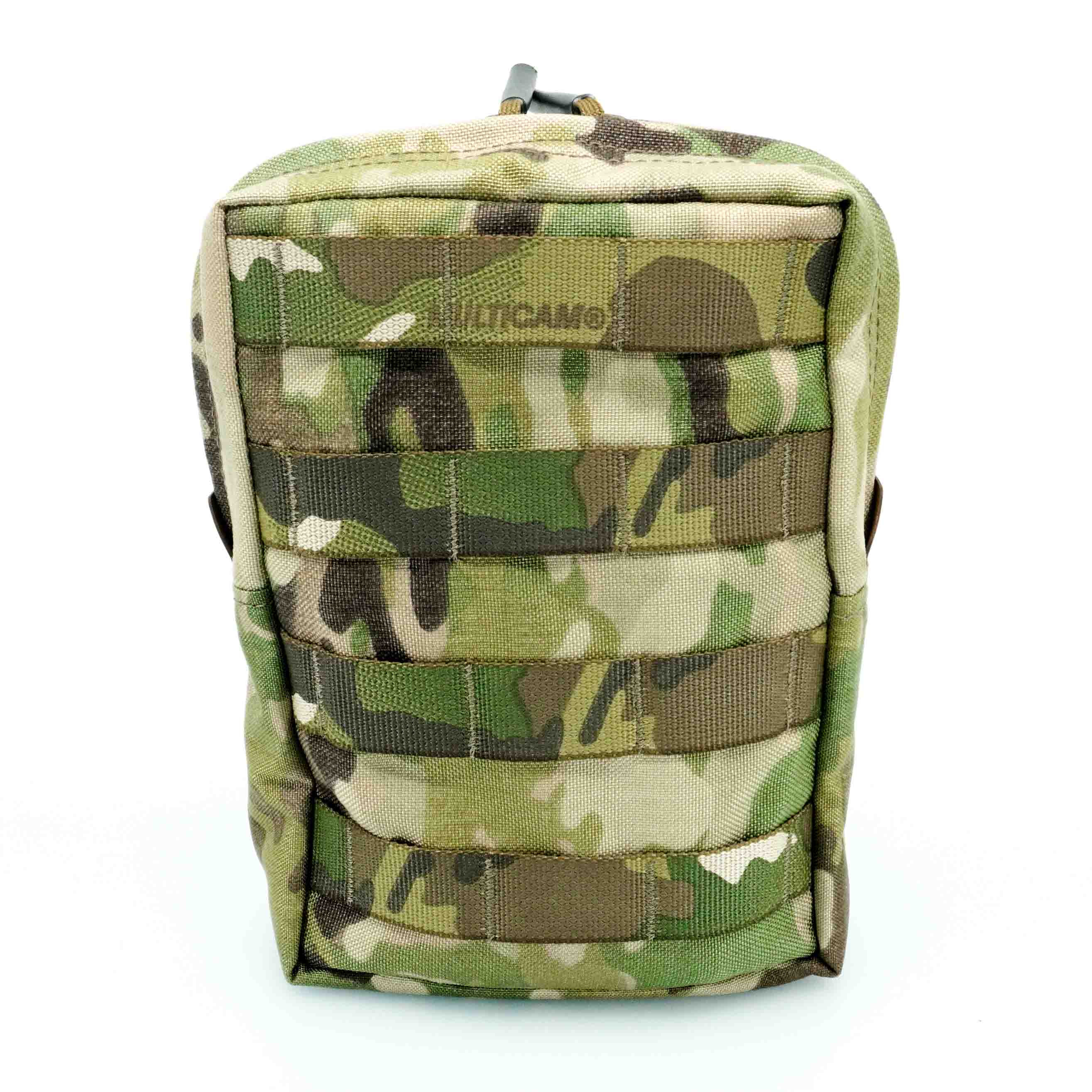 A large Multicam camouflage zip pouch with multiple rows of MOLLE system attachments.