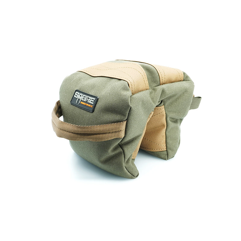 A ranger green and coyote brown Sabre Barricade Shooting Bag with a deep V notch and non-slip material, designed for stability while shooting from barricades and other unconventional surfaces.