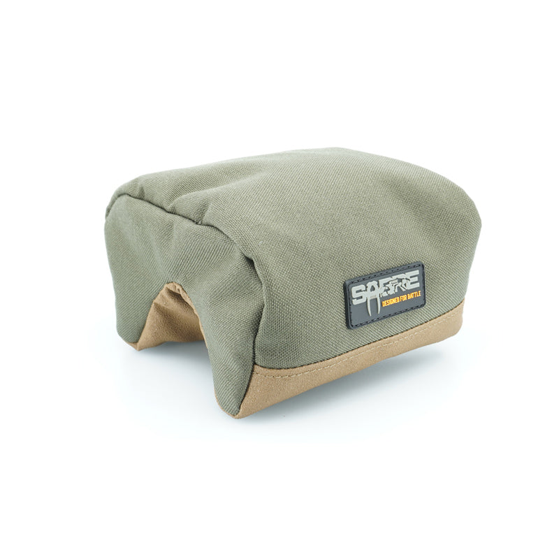 A ranger green multipurpose shooting bag with a coyote brown non slip section.