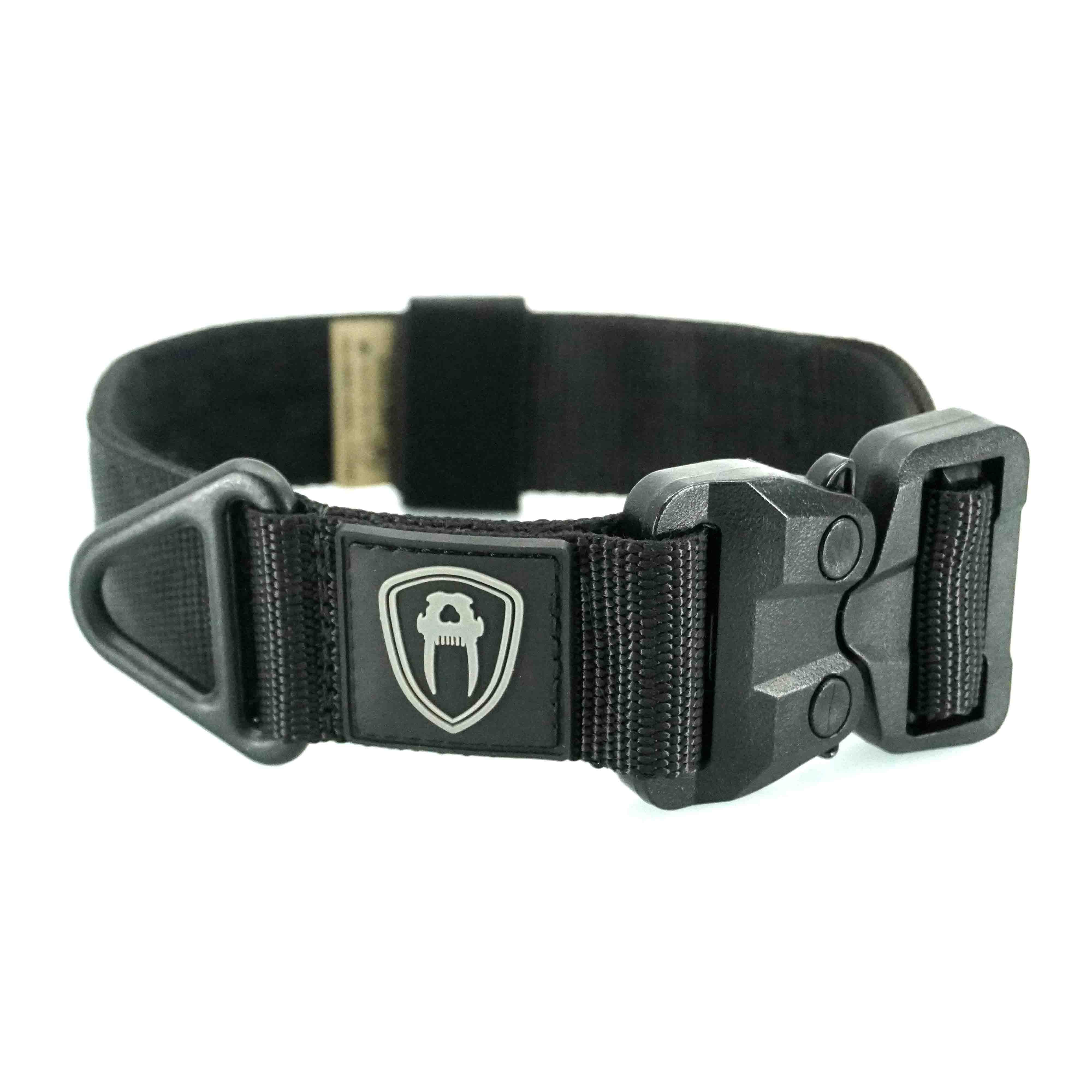 A black nylon Sabre Patrol Collar with a Patented Polymer Nexus GT COBRA quick release buckle and a steel V-Ring, designed for large to XL breeds of dogs.