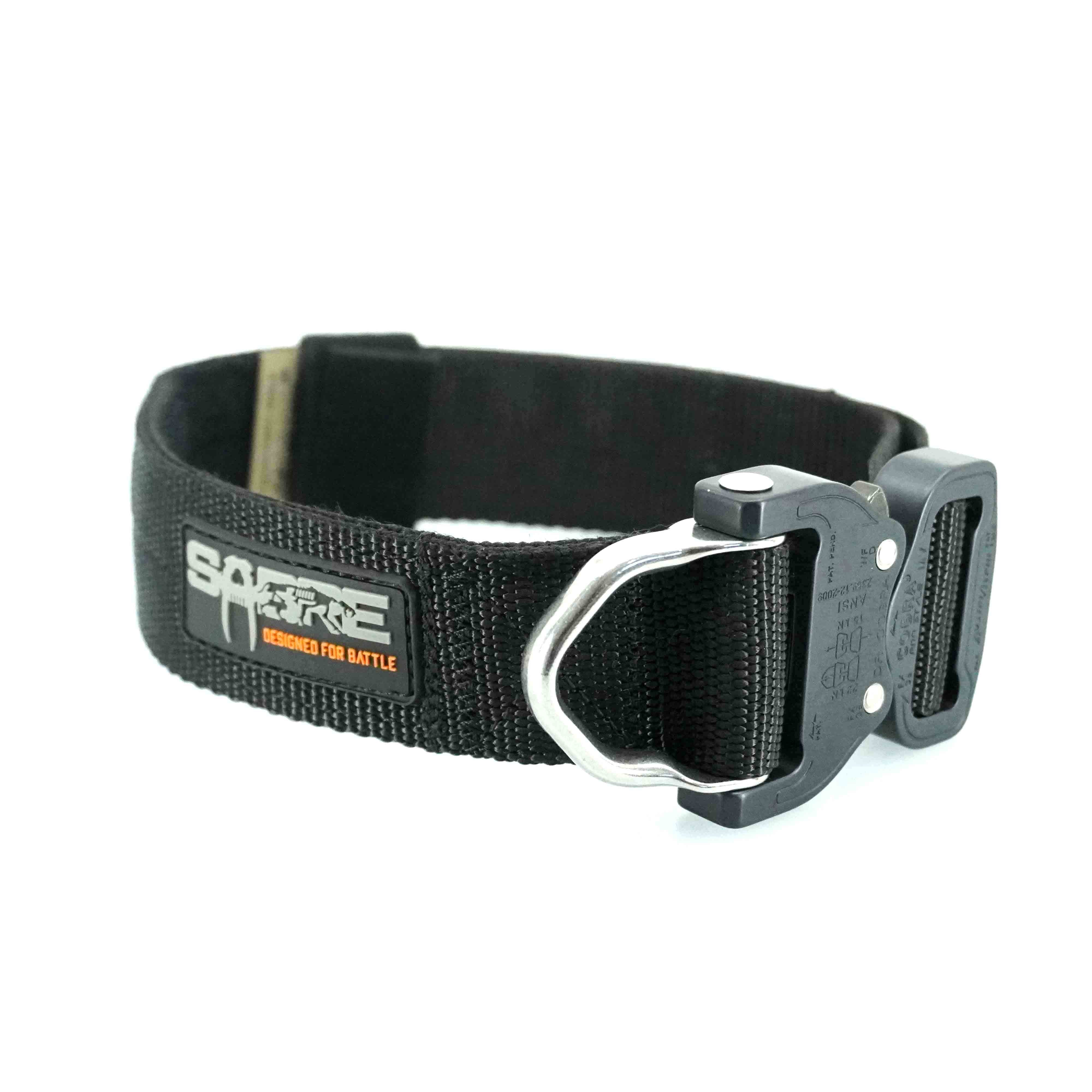 A black tactical collar with a Patented AustriAlpin COBRA quick release buckle and nylon webbing, designed for large to X large breeds.