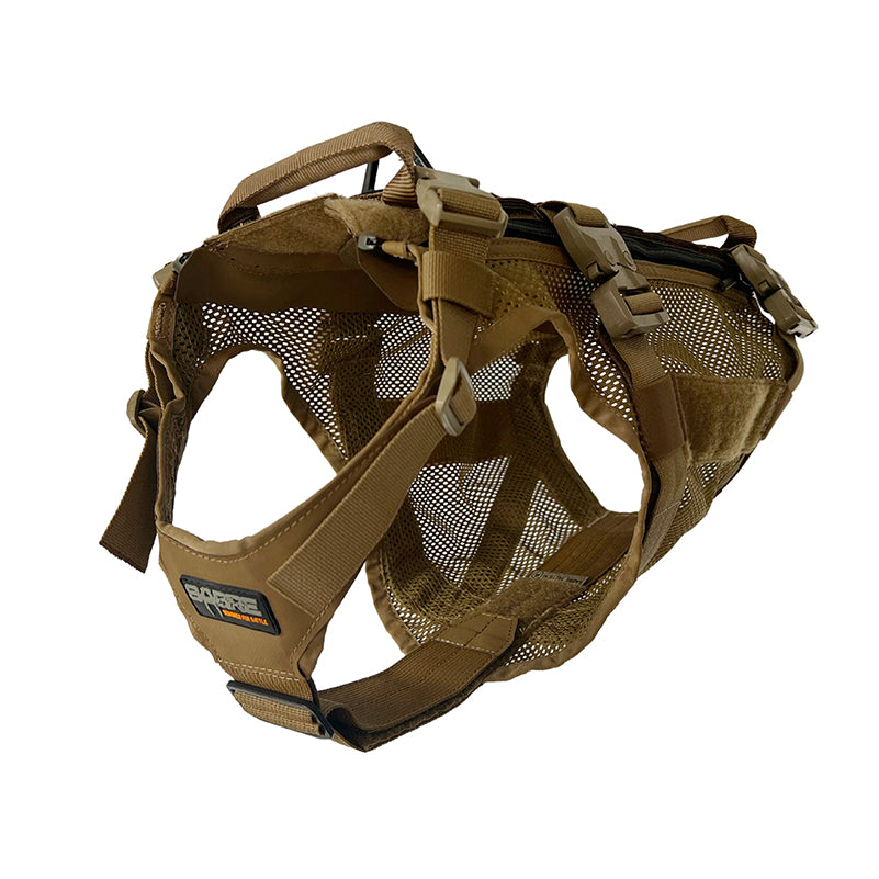 A full-body K9 harness designed for medium to large working dogs, adaptable for various mission requirements. Coyote brown colour.