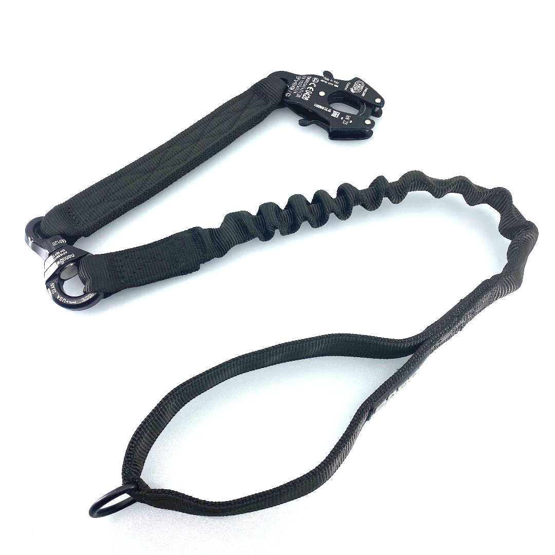A black heavy-duty leash featuring Kong Frog connector, CE-certified swivel, shock cord, and reinforced nylon webbing suitable for military and law enforcement K9 units.